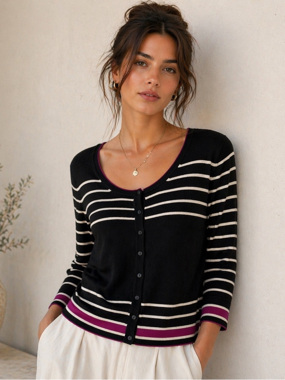 PRECISE Petite Striped Black Fitted Cardigan L